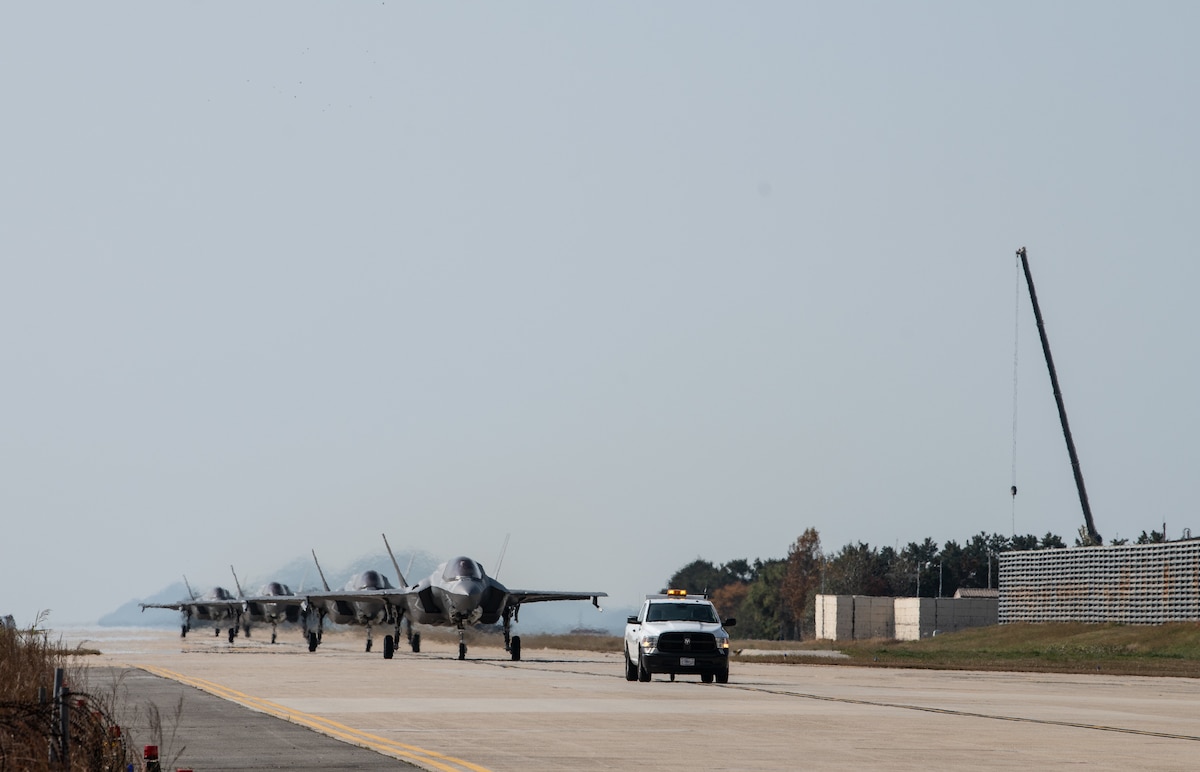 U.S. Marine Corps F-35 Lightning IIs from Marine Fighter Attack Squadron (VMFA) 242, out of Iwakuni, Japan, taxi at Kunsan Air Base, Republic of Korea, Oct. 31, 2022. The aircraft traveled to Kunsan as a part of the Pacific Air Forces command sponsored VIGILANT STORM 23 training event. VIGILANT STORM is a regularly scheduled training designed to enhance the combat readiness and survivability of U.S. and ROK forces and sustain capabilities, further strengthening the ROK U.S. Alliance. (U.S. Air Force photo by Staff Sgt. Sadie Colbert)