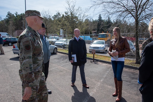 U.S. Army Corps of Engineers, Europe District Regional Program Manager for Air Force Military Design and Construction Program Jennifer Regel, right, discusses the construction of the new Family Housing Management Facility in Vogelweh, Germany April 11, 2022 with project partners, including the then 86th Air Lift Wing Commander U.S. Air Force Brig. Gen. Joshua Olson, left, just before its formal groundbreaking ceremony. The project is an example of one of the many traditional military construction projects Europe District delivers in support of U.S. Air Forces Europe at installations across the continent. (U.S. Army photo by Alfredo Barraza)