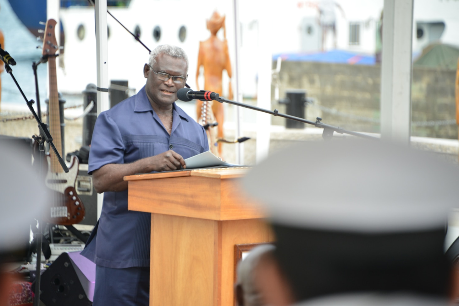 SOLOMON ISLANDS (Aug. 29, 2022) Solomon Islands Prime Minister Manasseh Sogavare addresses the crowd during a public ceremony in Unity Square in the heart of Honiara in support of Pacific Partnership 2022. Now in its 17th year, Pacific Partnership is the largest annual multinational humanitarian assistance and disaster relief preparedness mission conducted in the Indo-Pacific. Pacific Partnership is a unifying mission that fosters enduring friendship and cooperation among many nations. This year’s mission in Solomon Islands will include participants from the United States, Japan and Australia. (Courtesy photo by Japan Maritime Self-Defense Force Sfc. Toshihiro Mizuochi)