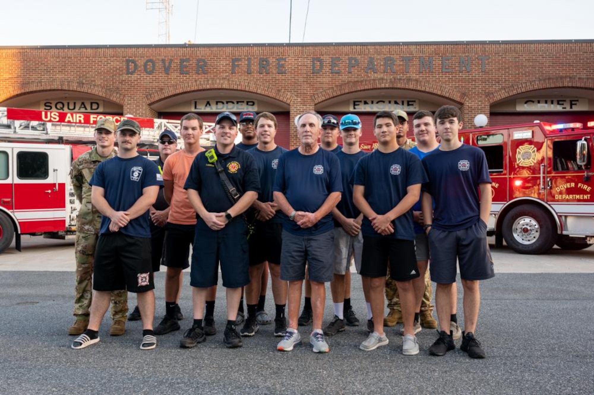 Airmen from the 436th Civil Engineer Squadron and members of the Dover Fire Department pose for a photo at the Dover Fire Department in Dover, Delaware, Aug. 31, 2022. The fire station on Dover Air Force Base and the Dover Fire Department often work together, rendering mutual aid and training every week. (U.S. Air Force photo by Senior Airman Cydney Lee)