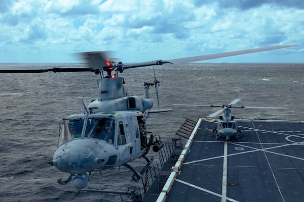 A U.S. Marine Corps UH-1Y Venom helicopter assigned to Light Attack Helicopter Squadron (HMLA) 773 hovers above the landing pad of the San Antonio class dock landing ship USS Mesa Verde (LPD 19) in the North Atlantic Ocean, Aug. 16, 2022. HMLA 773 launched three UH-1Y Venom and two AH-1Z Viper helicopters from McGuire Air Force Base and embarked them aboard the USS Mesa Verde for transit to Brazil in support of exercise UNITAS LXIII hosted by the Brazilian Navy and Marine Corps. UNITAS, which is Latin for “unity,” was conceived in 1959 and has taken place annually since first conducted in 1960. This year marks the 63rd iteration of the world’s longest-running annual multinational maritime exercise. Additionally, this year Brazil will celebrate its bicentennial, a historical milestone commemorating 200 years of the country’s independence.