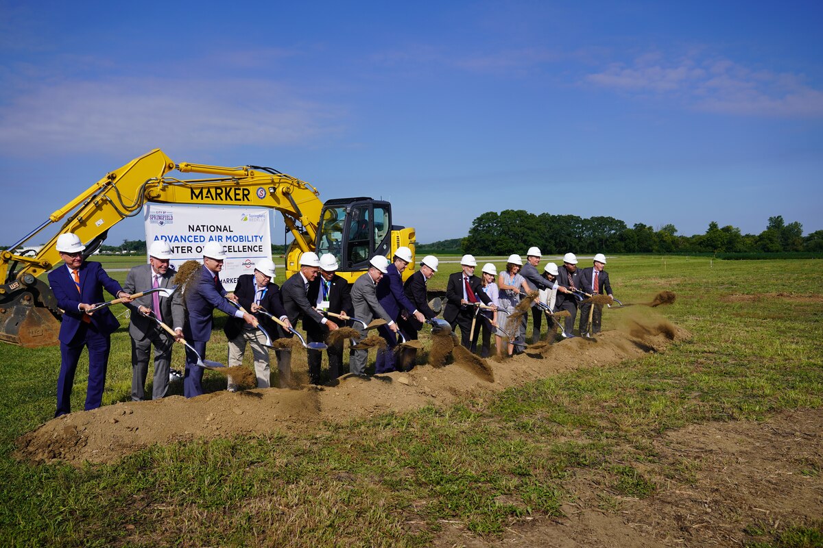 Local, state and federal leaders break ground for the National Advanced Air Mobility Center of Excellence on day two of the National Advanced Air Mobility Industry Forum at Springfield-Beckley Municipal Airport, Aug. 23, 2022. (U.S. Air Force photo / Dennis Stewart)
