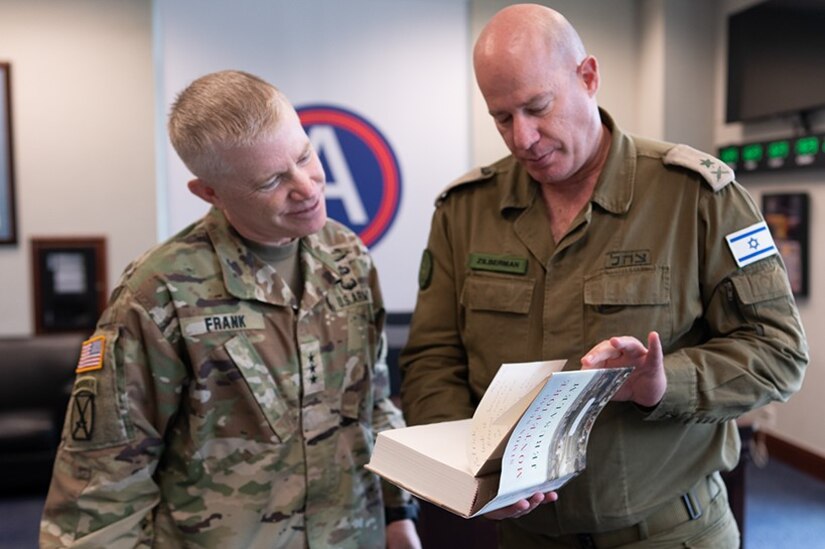 U.S. Army Central Commanding General, Lt. Gen. Patrick Frank, conducts a gift exchange with Maj. Gen. Hidai Zilberman, 
Israeli Defense and Armed Forces Attaché to the United States, August 31, 2022, at Shaw AFB, SC.