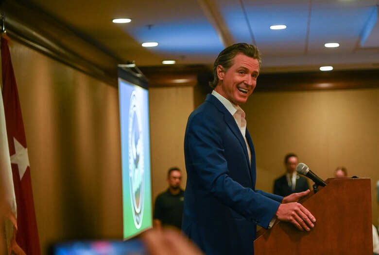 Gavin Newsom, Governor of California, made a guest appearance at the California Defense Leadership Summit in Sacramento, Calif., Aug. 30, 2022. Newsom referred to California as “the temple of America’s economy”, and that it always has been that way, and the panels held throughout the summit introduced solutions to the challenges that threaten California’s strength and position in the country’s defense. (U.S. Space Force photo by Airman 1st Class Ryan Quijas)