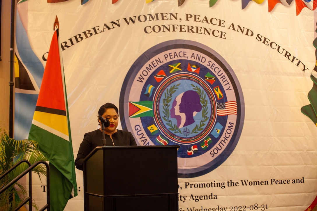 Guyana First Lady Arya Ali speaks during a Guyana-led regional conference focused on implementation of the Women, Peace, and Security initiative.