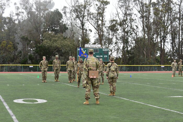 The 311th Training Squadron drill team is inspected on drill movements during the 2022 Drill Down competition at the Price Fitness Center, Presidio of Monterey, Calif., Aug. 19, 2022. Military drill enables teamwork, pride, and discipline in service members. (Courtesy photo 517th TRG)