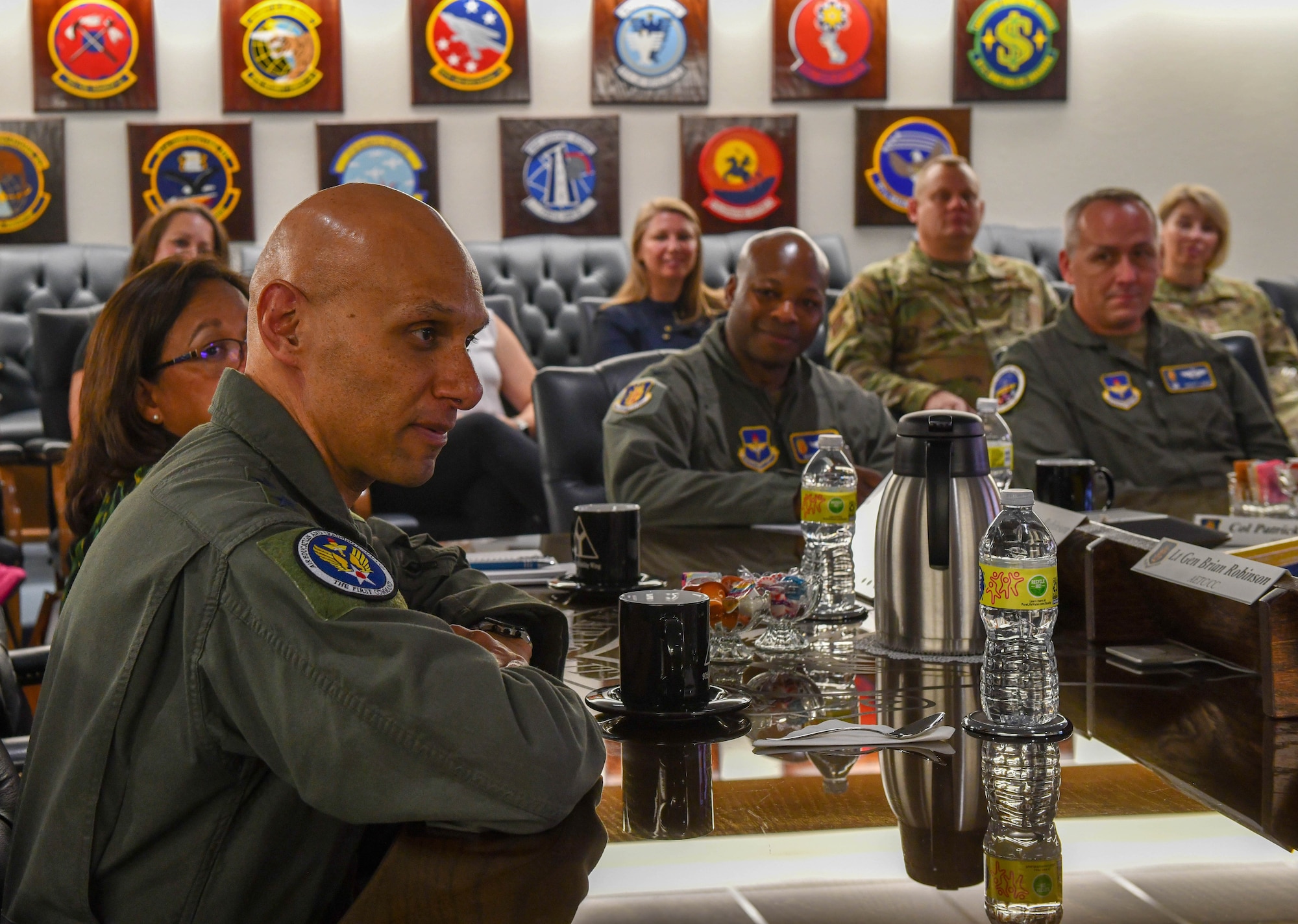 U.S. Air Force Lt. Gen. Brian Robinson, commander of Air Education and Training Command, listens to a presentation in the Wing Conference Room at Altus Air Force Base, Oklahoma, Aug. 31, 2022. During his visit, Robinson emphasized the importance of Altus’s mobility mission as well as their charge to train inspired, proficient, and adaptive mobility warriors. (U.S. Air Force photo by Airman 1st Class Kari Degraffenreed)