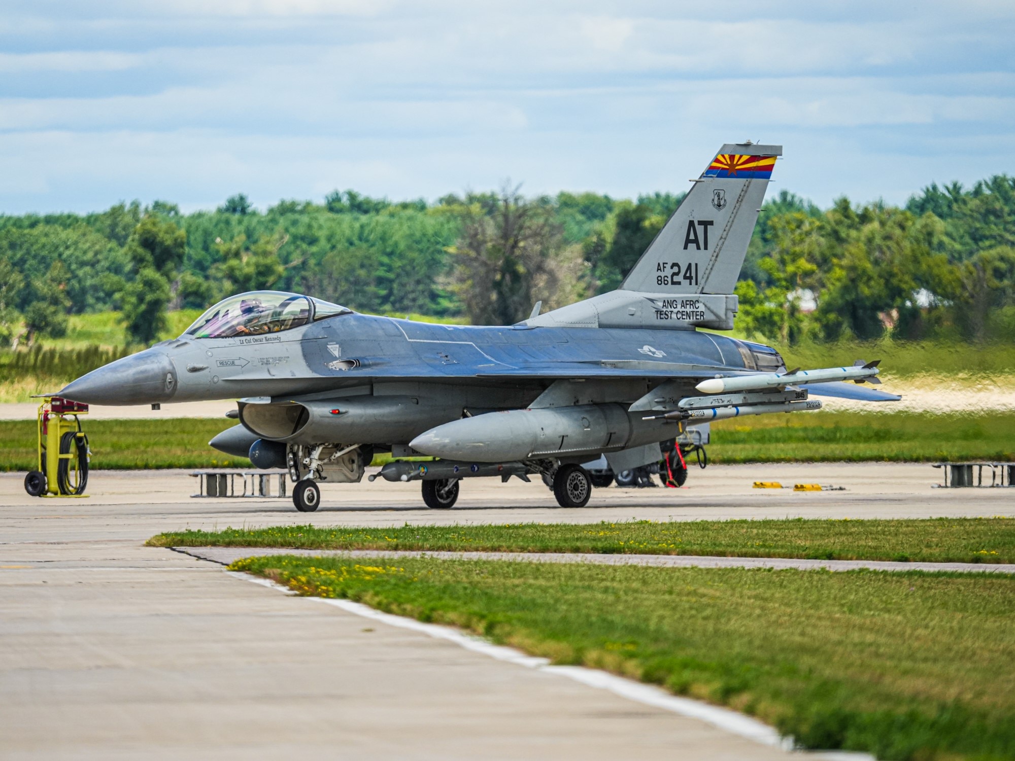 A U.S. Air Force F-16 Fighting Falcon flown by the Air National Guard – Air Force Reserve Command Test Center (AATC) departs Volk Field Air National Guard Base, August 9, 2022, as part of the annual Northern Lightning exercise. AATC accomplishes Operational Test & Evaluation and supports Developmental Test & Evaluation, Tactics Development, and Evaluation for all Air Reserve Component (ARC) weapons systems. (U.S. Air National Guard photo by Kristen Keehan)