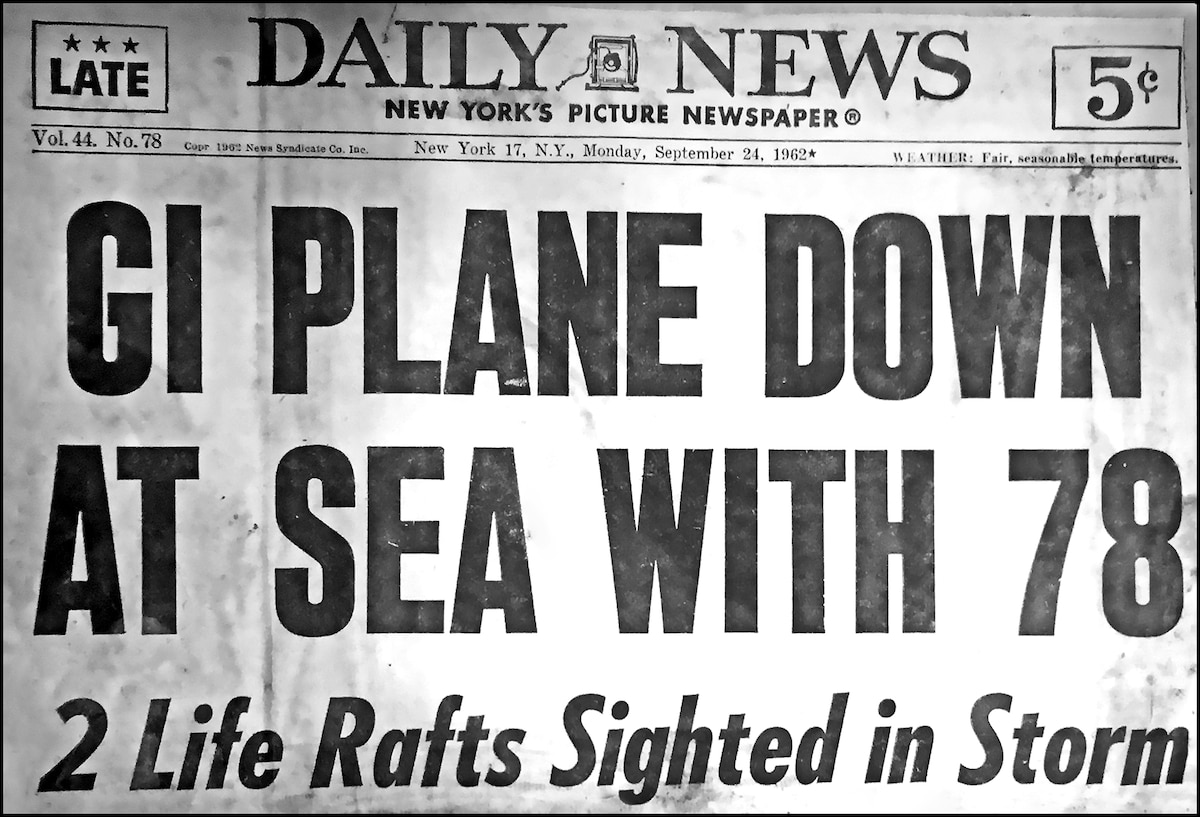 A newspaper headline from morning after Flying Tiger Flight 923 was reported as going down on Sept. 23, 1962, off the coast of Ireland. (Courtesy photo from Eric Lindner)