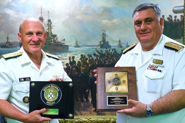WASHINGTON (September 1, 2022) — Chief of Naval Operations Adm. Mike Gilday meets with Commandant in Chief of the National Navy of Uruguay Adm. Jorge Wilson during an office call at the Pentagon, Sept. 1. The two leaders discussed their shared vision to advance the bilateral relationship between the two navies, Uruguay’s long-standing partnership in the U.S. Global Peace Operations Initiative, ways to foster innovation and experimentation, and the importance of supporting the international rules-based order. (U.S. Navy photo by Chief Mass Communication Specialist Amanda Gray/released)