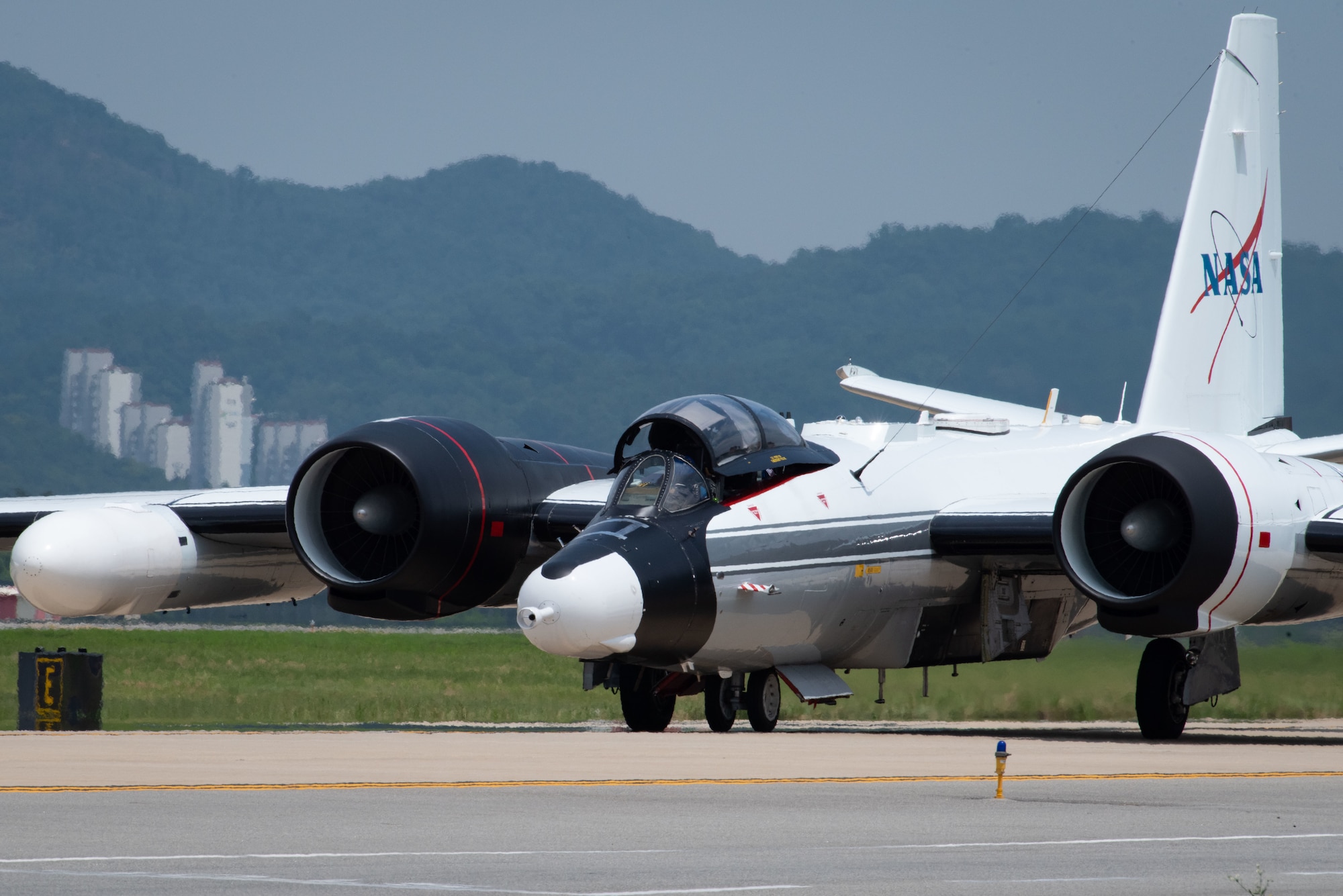 A NASA WB-57 taxis on the flightline after landing at Osan Air Base, Republic of Korea, July 27, 2022.