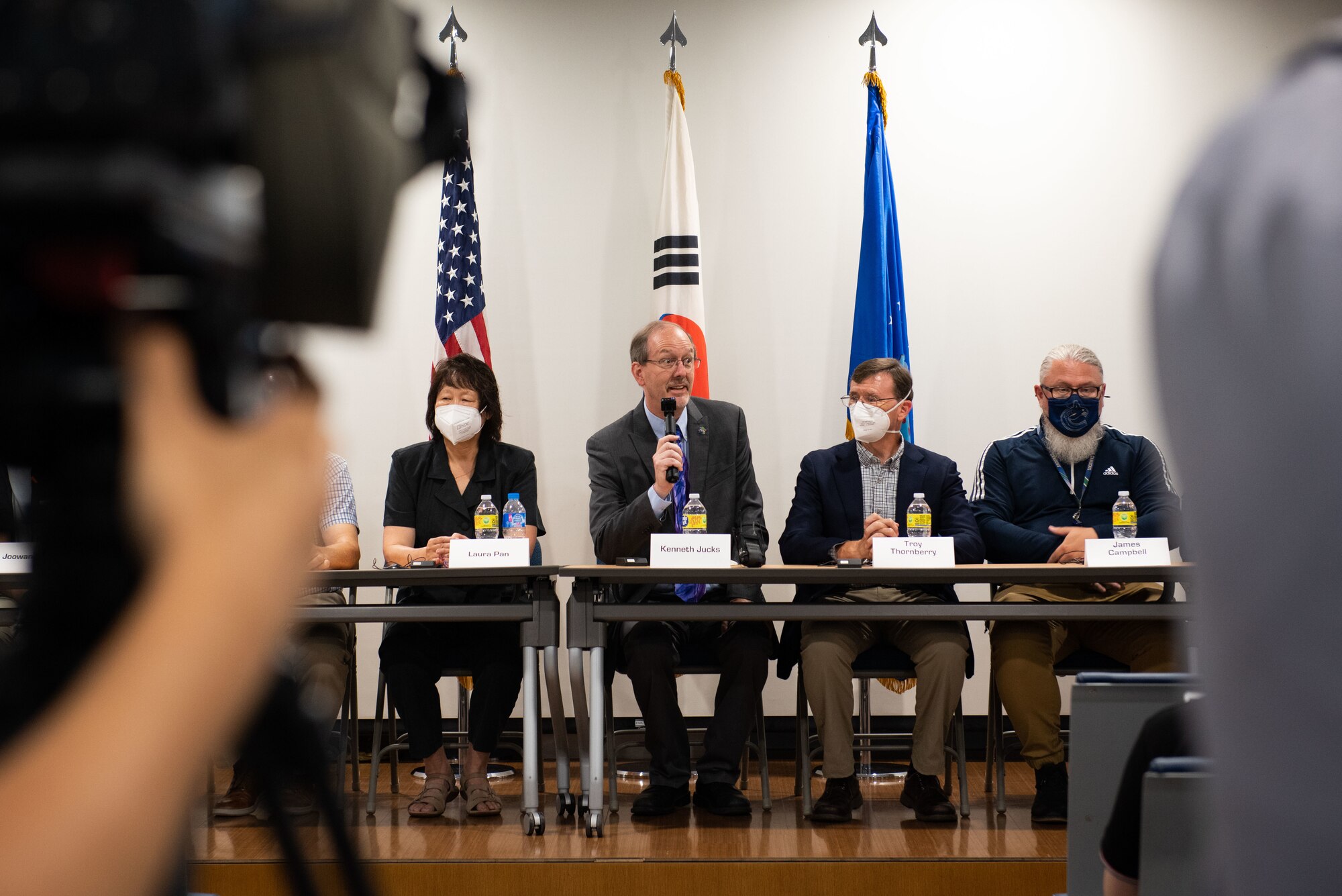 Kenneth Jucks, Upper Atmosphere Research Program manager, answers questions from journalists during a NASA media event at Osan Air Base, Republic of Korea, Aug. 5, 2022.