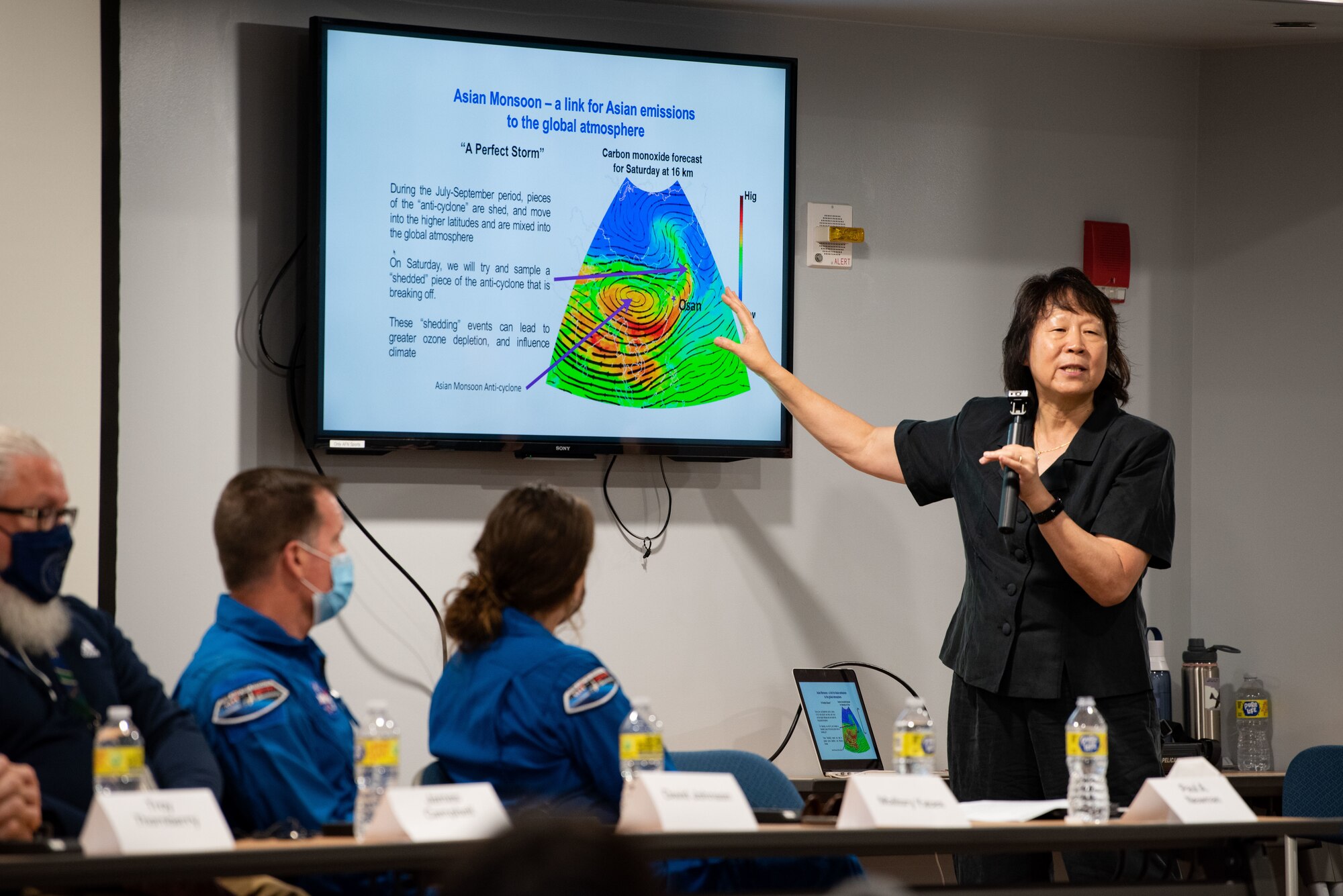 Laura Pan, National Center for Atmospheric Research senior scientist, explains the characteristics of a monsoon during a NASA media event at Osan Air Base, Republic of Korea, Aug. 5, 2022.