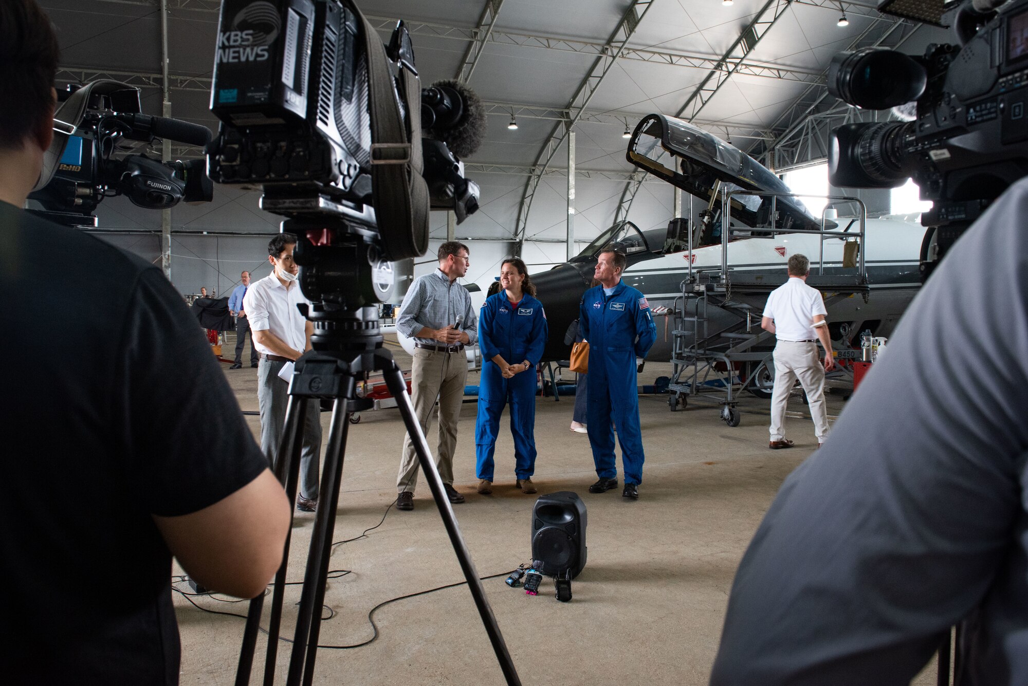 NASA representatives and pilots prepare for an interview with local news agencies during a NASA media event at Osan Air Base, Republic of Korea, Aug. 5, 2022.
