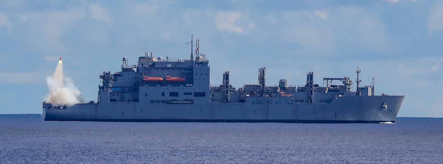 PHILIPPINE SEA (Aug. 28, 2022) – The Lewis and Clark-class dry cargo and ammunition ship USNS Alan Shepard (T-AKE 3) launches a BQM-177A subsonic aerial target (SSAT) during a Standard Missile (SM) 2 exercise conducted with Arleigh Burke-class guided-missile destroyer USS Barry (DDG 52) as part of Pacific Vanguard (PV) 22 while operating in the Philippine Sea, Aug. 28. PV22 is an exercise with a focus on interoperability and the advanced training and integration of allied maritime forces. (U.S. Navy photo by Mass Communication Specialist 1st Class Greg Johnson)