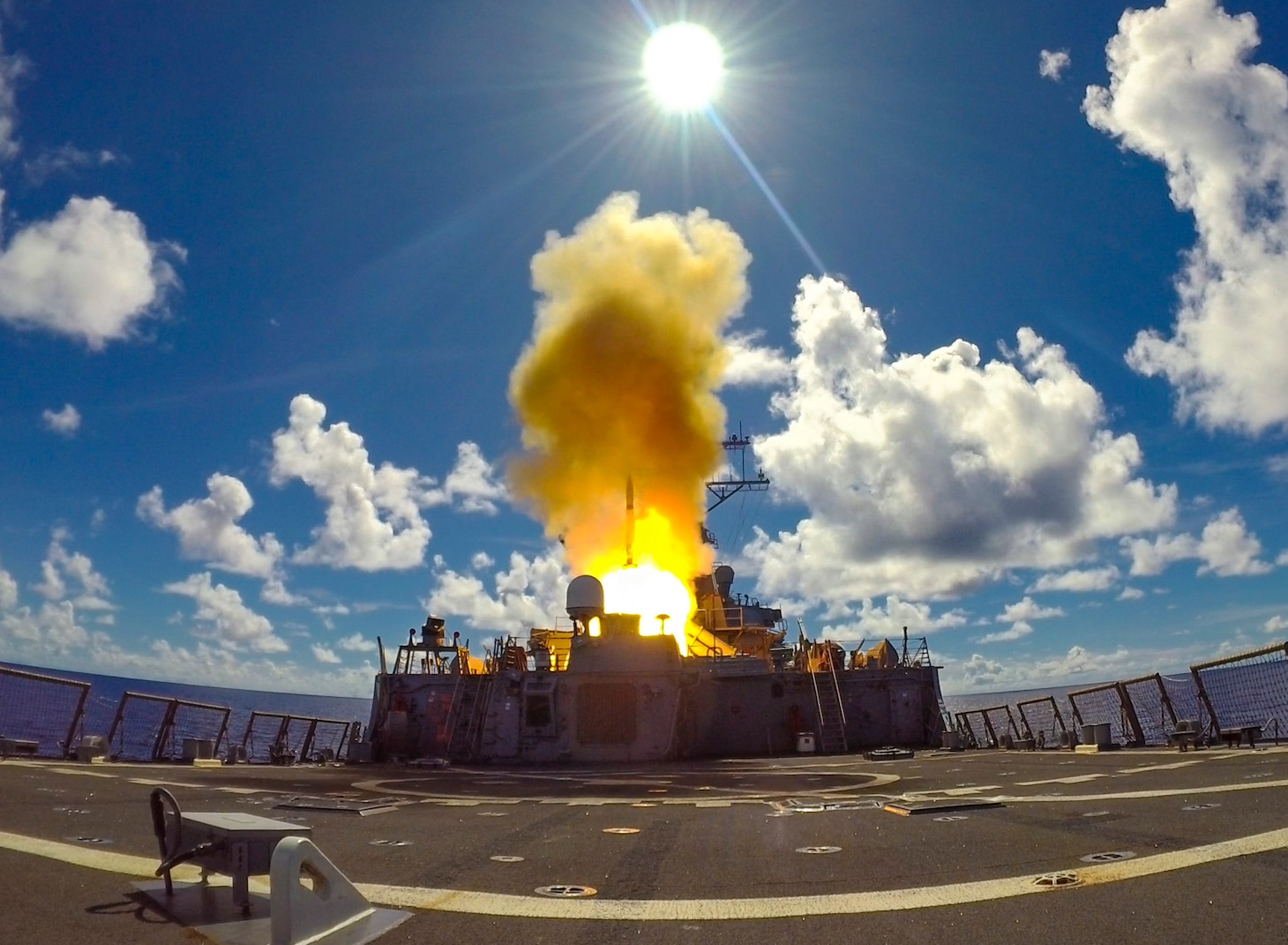 PHILIPPINE SEA (Aug. 28, 2022) – The Arleigh Burke-class guided-missile destroyer USS Barry (DDG 52) launches a Standard Missile (SM) 2 during a live-fire missile exercise as part of Pacific Vanguard (PV) 22 while operating in the Philippine Sea, Aug. 28. PV22 is an exercise with a focus on interoperability and the advanced training and integration of allied maritime forces. (U.S. Navy photo by Mass Communication Specialist 1st Class Greg Johnson)