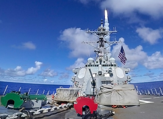 PHILIPPINE SEA (Aug. 28, 2022) – The Arleigh Burke-class guided-missile destroyer USS Barry (DDG 52) launches a Standard Missile (SM) 2 during a live-fire missile exercise as part of Pacific Vanguard (PV) 22 while operating in the Philippine Sea, Aug. 28. PV22 is an exercise with a focus on interoperability and the advanced training and integration of allied maritime forces. (U.S. Navy photo by Mass Communication Specialist 1st Class Greg Johnson)