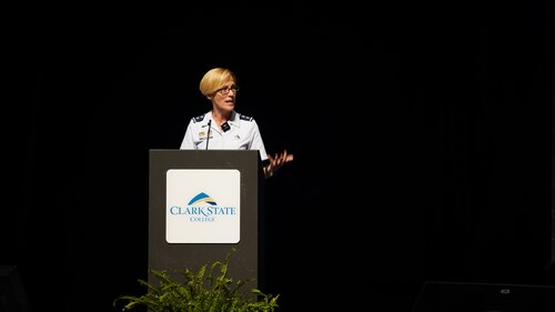 Maj. Gen. Heather Pringle, Air Force Research Laboratory commander, delivers remarks on day one of the National Advanced Air Mobility Industry Forum at the Clark State Performing Arts Center Aug. 22, 2022. (U.S. Air Force photo / Dennis Stewart)