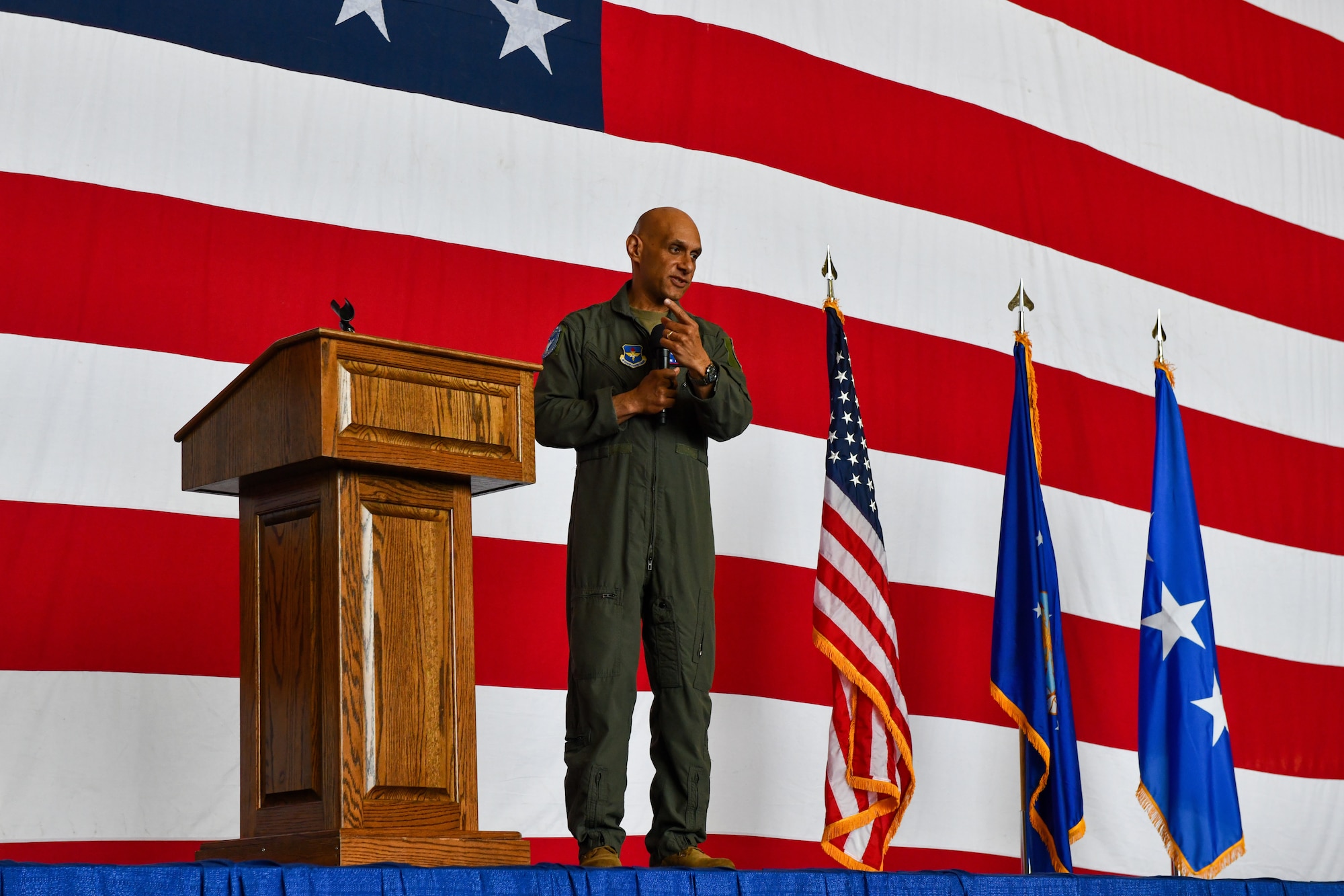 U.S. Air Force Lt. Gen. Brian Robinson, commander of Air Education and Training Command (AETC), hosts an “all-call” at Altus Air Force Base, Oklahoma, Sept. 1, 2022. During the all-call, Robinson spoke to Airmen about how the 97th Air Mobility Wing mission fits into the larger AETC and U.S. Air Force missions. (U.S. Air Force photo by Airman 1st Class Kari Degraffenreed)