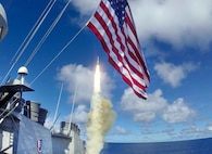 PHILIPPINE SEA (Aug. 28, 2022) – The Arleigh Burke-class guided-missile destroyer USS Barry (DDG 52) launches a Standard Missile (SM) 2 during a live-fire missile exercise as part of Pacific Vanguard (PV) 22 while operating in the Philippine Sea, Aug. 28. PV22 is an exercise with a focus on interoperability and the advanced training and integration of allied maritime forces. (U.S. Navy photo by Mass Communication Specialist 1st Class Deanna Gonzales)