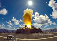PHILIPPINE SEA (Aug. 28, 2022) – The Arleigh Burke-class guided-missile destroyer USS Barry (DDG 52) launches a Standard Missile (SM) 2 during a live-fire missile exercise as part of Pacific Vanguard (PV) 22 while operating in the Philippine Sea, Aug. 28. PV22 is an exercise with a focus on interoperability and the advanced training and integration of allied maritime forces. (U.S. Navy photo by Mass Communication Specialist 1st Class Greg Johnson)