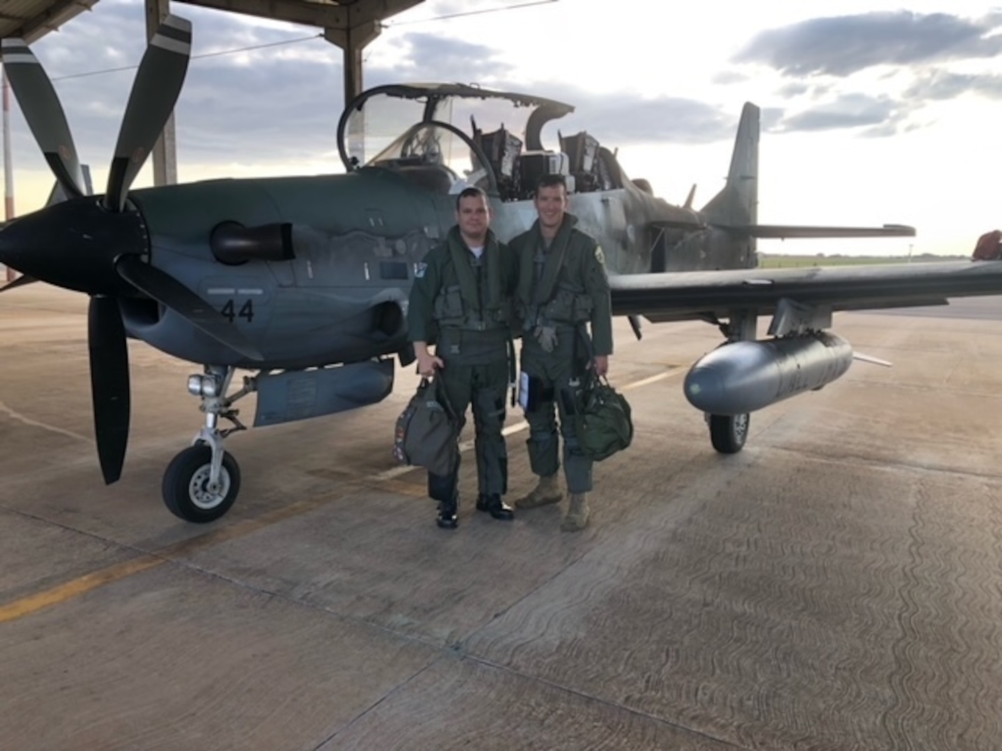 U.S. Air Force Lt. Col. Daniel Griffin, an A-10C Thunderbolt II pilot assigned to the 104th Fighter Squadron, Maryland Air National Guard, with a pilot from the Brazilian Air Force during Exercise Tapio in Campo Grande, Brazil, Aug. 24, 2022. Exercise Tapio is a Brazilian combat search and rescue and close air support exercise that ended Aug. 31.