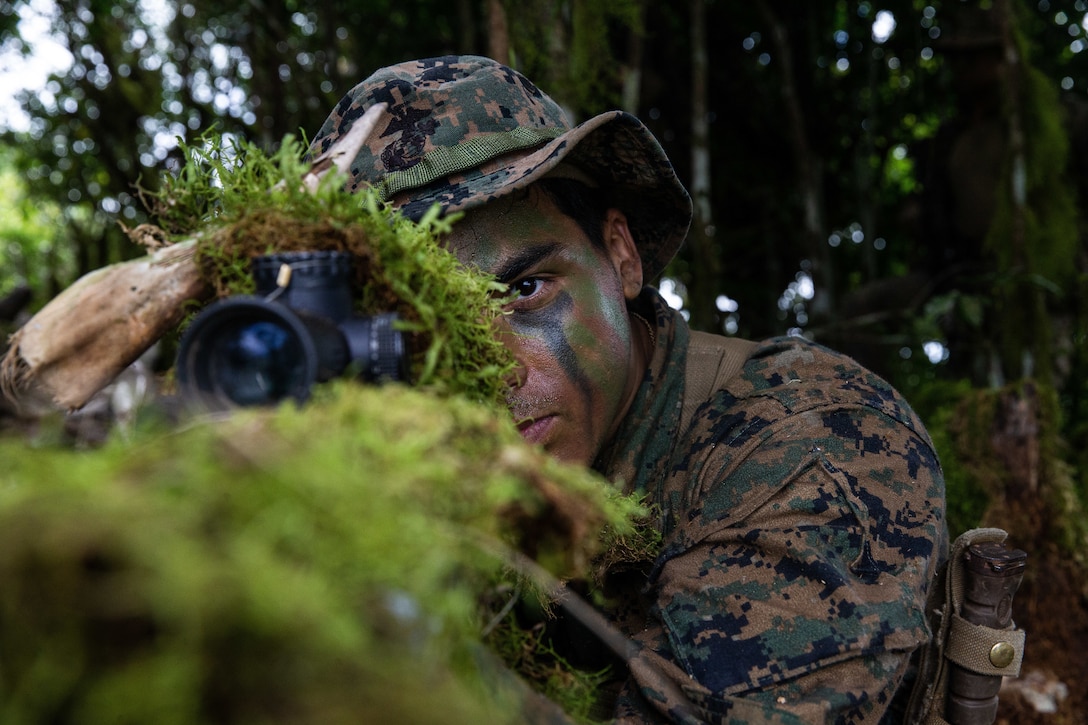 A Marine aims his weapon in a jungle.