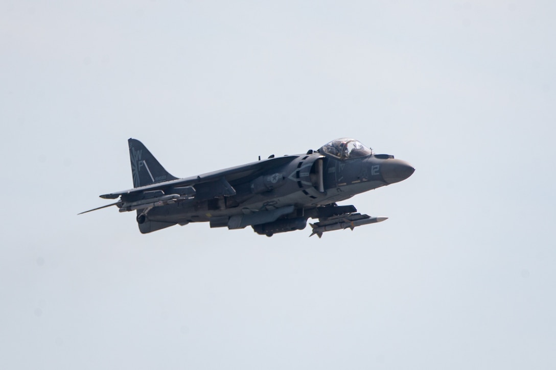 U.S. Marine Corps Capt. Philip Cortellucci, an AV-8B Harrier II jet pilot with Marine Attack Squadron (VMA) 223, flies an AV-8B Harrier II jet over Marine Corps Air Station Cherry Point, North Carolina, Aug. 31, 2022. AV-8B Harrier II jets assigned to VMA-223 were loaded with AIM-120A missiles and ADM-141A Tactical Air-Launched Decoys for the pilots to practice air-to-air combat. VMA-223 is a subordinate unit of 2nd Marine Aircraft Wing, the aviation combat element of II Marine Expeditionary Force. (U.S. Marine Corps photo by Lance Cpl. Elias E. Pimentel III)