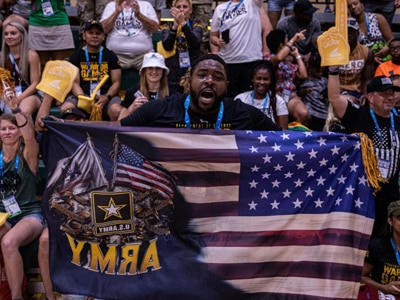 U.S. Army Pfc. Darnell Boynton cheers in support of Team Army during the 2022 Department of Defense Warrior Games at the ESPN Wide World of Sports Complex in Orlando, Florida, Aug. 20, 2022. Hosted by the U.S. Army at the Walt Disney World Resort, this year’s Warrior Games sees service members and veterans from across the DoD competing in a variety of adaptive sports alongside armed forces athletes from Canada and Ukraine.