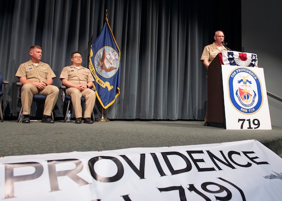 Capt. Shawn Huey, commander, Submarine Squadron 19, speaks during a decommissioning ceremony for the Los Angeles-class fast-attack submarine USS Providence (SSN 719), Sept. 1, 2022.