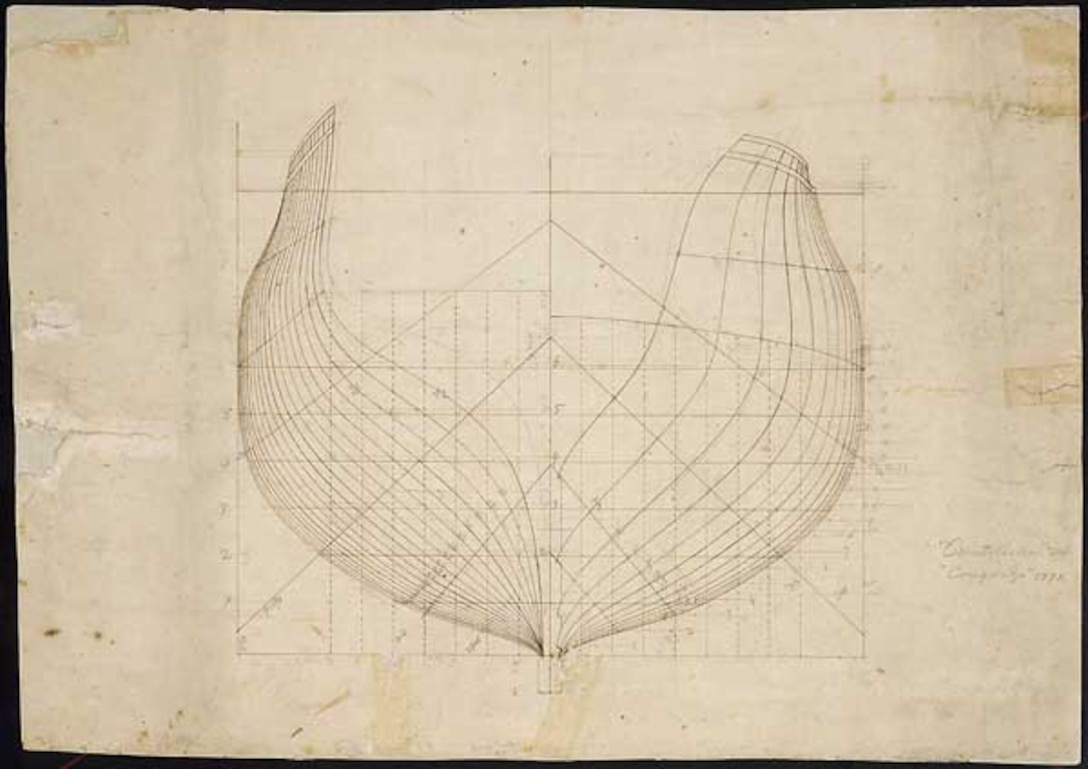 Body plan of the thirty-six-gun frigates Constellation and Congress by Joshua Humphreys and Josiah Fox, c. 1795.
National Archives and Records Administration, Records of the Bureau of Ships