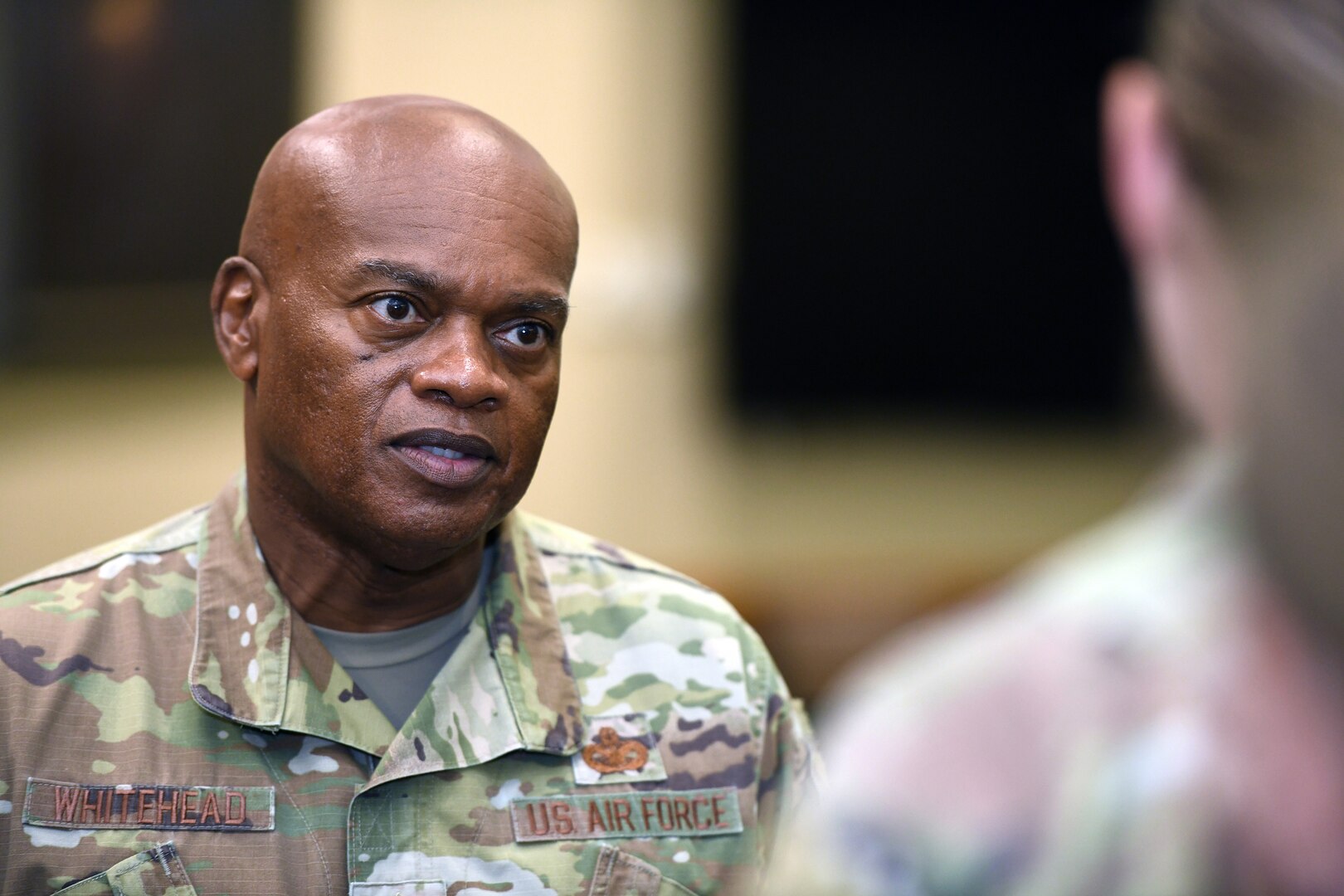 Senior Enlisted Advisor Tony Whitehead, the SEA for the chief of the National Guard Bureau, talks to an Airman with the Missouri Air National Guard’s 131st Bomb Wing at Whiteman Air Force Base, Missouri, Aug. 30, 2022. Whitehead was touring National Guard facilities at Whiteman and participating as a guest speaker in a panel discussing women’s equality.