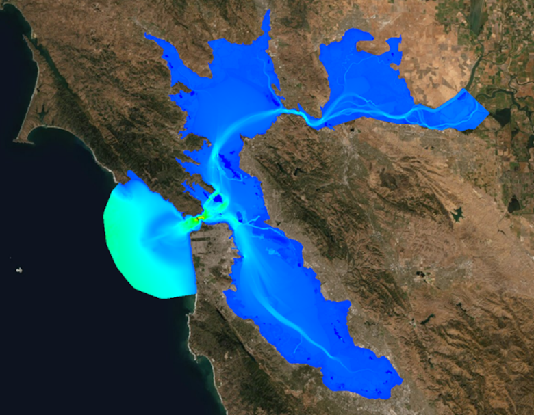 An example of the Adaptive Hydraulics model that will be used to simulate the hydrodynamics and understand how currents, waves and tides impact strategic shallow water placement sites for U.S. Army Corps of Engineers San Francisco District costal engineer Spencer Harper’s research project for the U.S. Army Engineer Research and Development Center’s (ERDC) detail program, ERDC University.