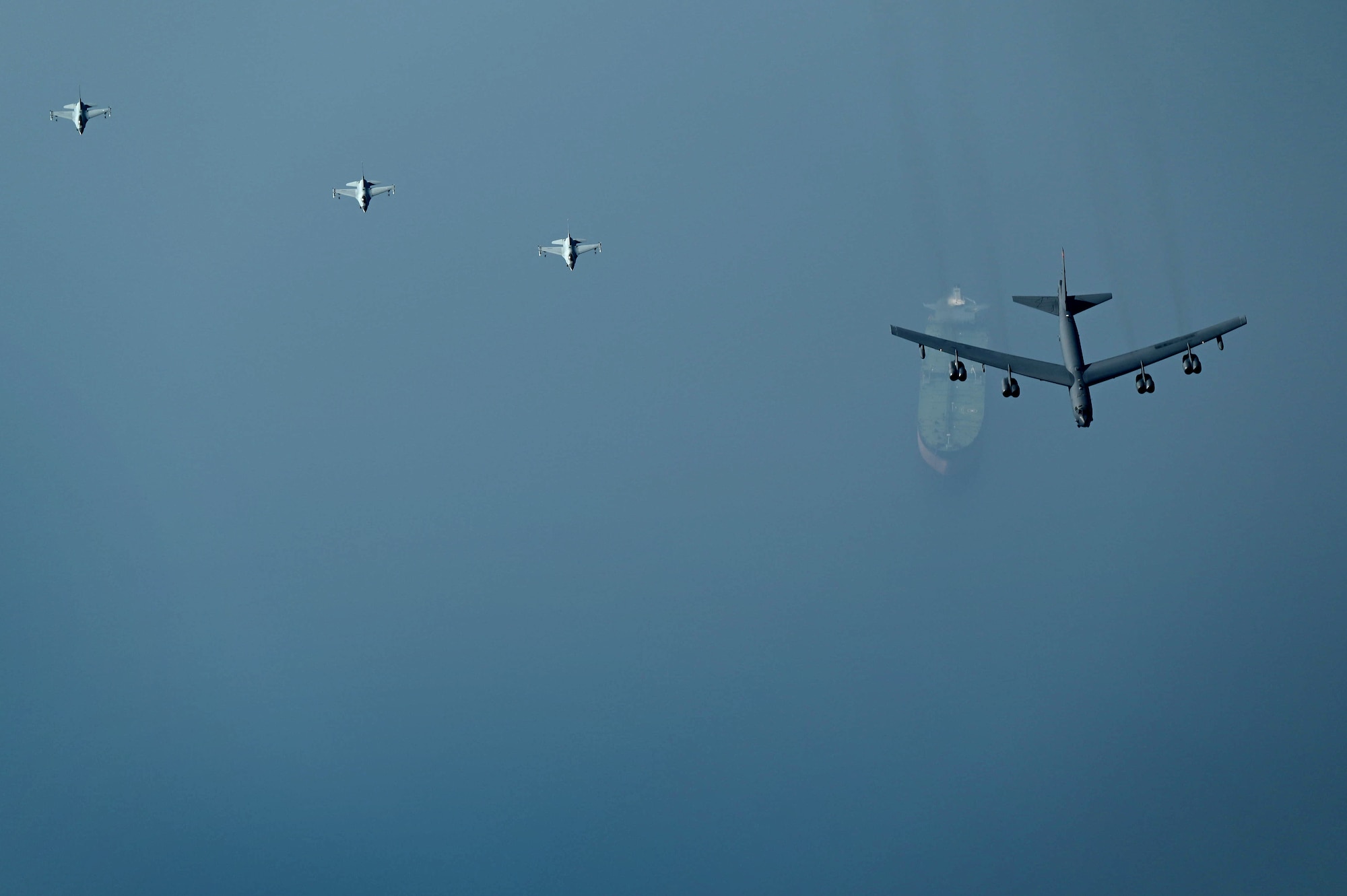 A U.S. Air Force B-52 Stratofortress, assigned to the 5th Bomb Wing, Minot Air Force Base, North Dakota, conducts a Bomber Task Force mission with coalition and regional partners across the U.S. Central Command area of responsibility, Sept. 4, 2022. U.S. bombers offer a rapid response capability for the USCENTCOM theater to deter conflict while credibly demonstrating the U.S.'s ability to address a global security environment. (U.S. Air Force photo by Staff Sgt. Charles Fultz)