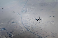A U.S. Air Force B-52 Stratofortress, assigned to the 5th Bomb Wing, conducts a Bomber Task Force mission with coalition and regional partners across the U.S. Central Command area of responsibility Sept. 4, 2022. Two B-52H Stratofortress aircraft guided theater integration training with a variety of coalition and partner ally aircraft to demonstrate readiness and strengthen regional security. (U.S. Air Force photo by Staff Sgt. Charles Fultz)