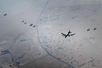 A U.S. Air Force B-52 Stratofortress, assigned to the 5th Bomb Wing, conducts a Bomber Task Force mission with coalition and regional partners across the U.S. Central Command area of responsibility Sept. 4, 2022. Two B-52H Stratofortress aircraft guided theater integration training with a variety of coalition and partner ally aircraft to demonstrate readiness and strengthen regional security. (U.S. Air Force photo by Staff Sgt. Charles Fultz)