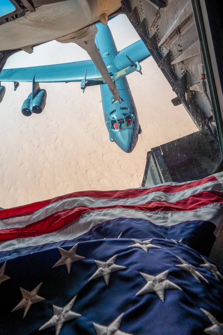 A U.S. Air Force B-52H Stratofortress, assigned to the 5th Bomb Wing, Minot Air Force Base, North Dakota, approaches a KC-10 Extender assigned to the 908th Expeditionary Air Refueling Squadron, Prince Sultan Air Base, Kingdom of Saudi Arabia, for air refueling support, during a Bomber Task Force mission, over the U.S. Central Command area of responsibility, Sept. 4, 2022. The bombers’ flight originated at Royal Air Force (RAF) Fairford, England, and flew over the Eastern Mediterranean, Arabian Peninsula and Red Sea before departing the region showcasing the strategic capability U.S. bombers provide in helping maintain stability in the USCENTCOM theater. (U.S. Air Force photo by Staff Sgt. Shannon Bowman)