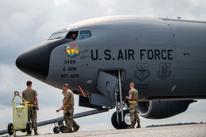 U.S. Air Force Airmen assigned to the 6th Maintenance Squadron at MacDill Air Force Base, Florida, conduct maintenance checks on a KC-135 Stratotanker during the 6th Air Refueling Wing’s Agile Combat Employment capstone exercise at Joint Base Charleston, South Carolina, Aug. 25, 2022. The KC-135 provides the core aerial refueling capability for the United States Air Force and has excelled in this role for more than 60 years. (U.S. Air Force photo by Airman 1st Class Christian Silvera)
