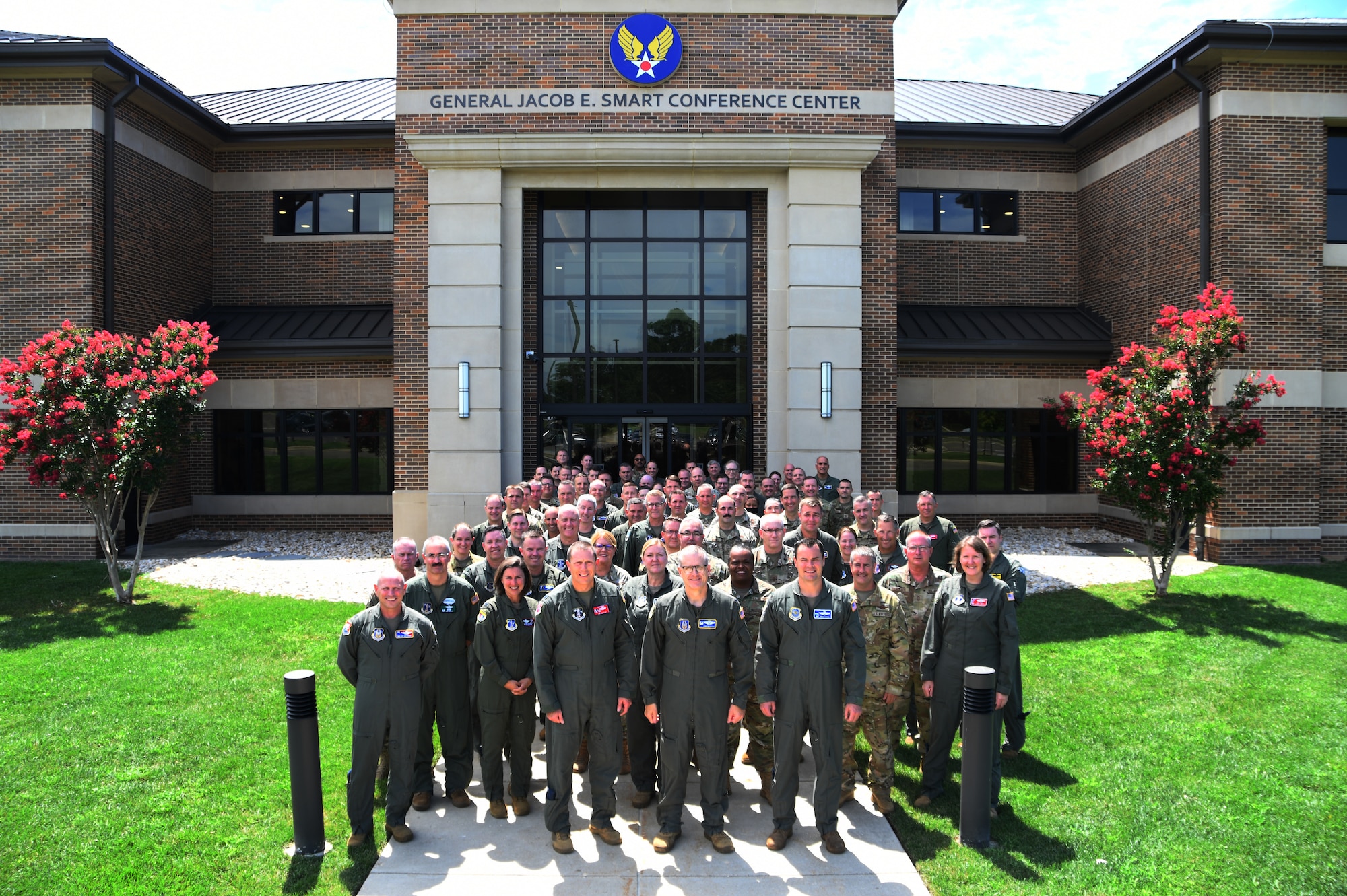 Air Force Senior leaders from the KC-135 Stratotanker community pose for a photo outside of the Gen. Jacob E. Smart Conference Center where they attended the first ever Total Force KC-135 Weapons System Council, Aug. 11, 2022. (U.S. Air Force Photo by Maj. Tim Smith)