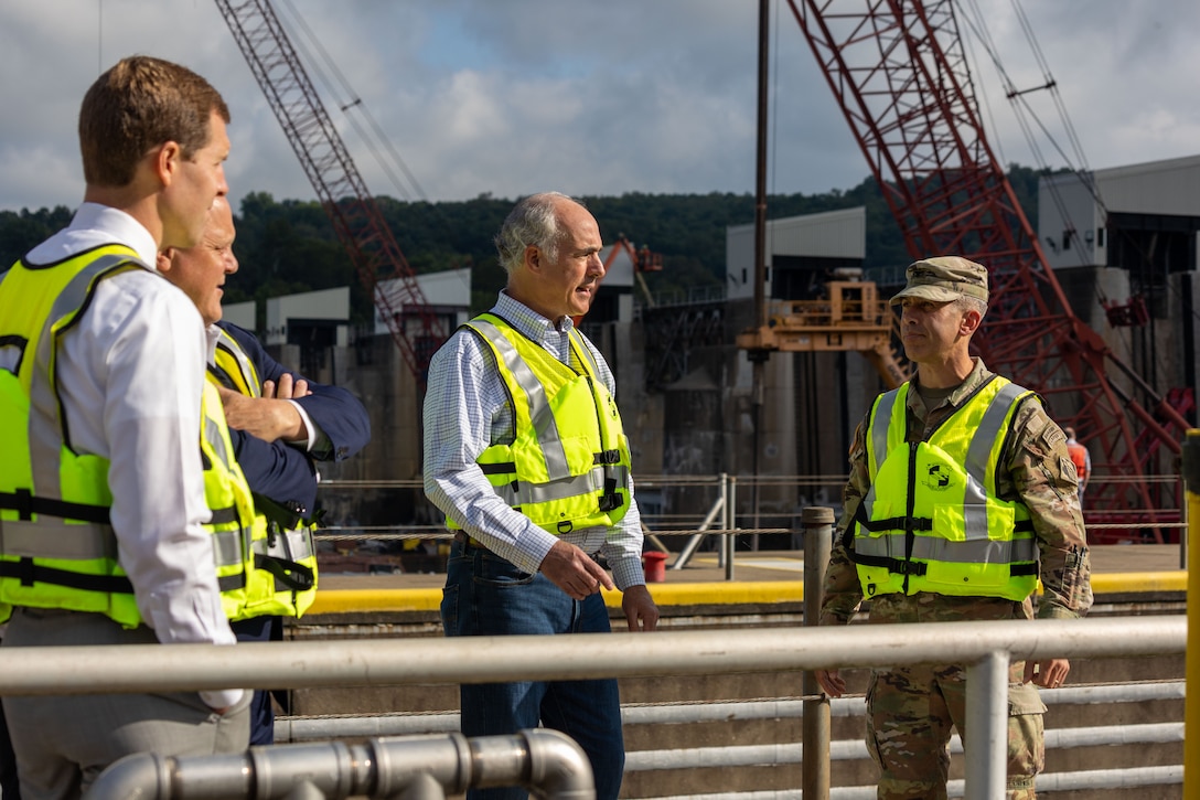 Government officials and river stakeholders visited the Montgomery Locks and Dam on the Ohio River in Monaca, Pennsylvania, Aug. 18. The visit intended to provide the group with a tour of the facility and promote discussion of the $857 million funding the U.S. Army Corps of Engineers Pittsburgh District received as part of the Bipartisan Infrastructure Law. The Upper Ohio Navigation project is part of the National Economic Development plan for improving the Upper Ohio River Navigation. The Emsworth and Dashields locks and dams, two other vital locks and dams on the Ohio River, will also receive money for improvements from the BIL.