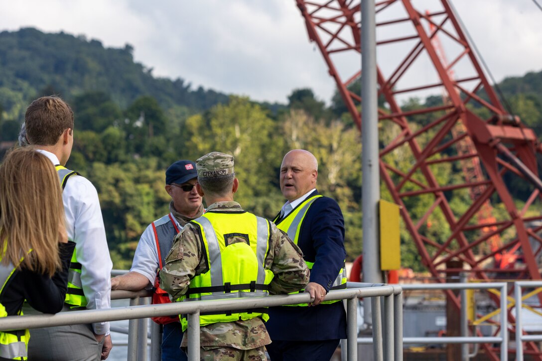 Government officials and river stakeholders visited the Montgomery Locks and Dam on the Ohio River in Monaca, Pennsylvania, Aug. 18. The visit intended to provide the group with a tour of the facility and promote discussion of the $857 million funding the U.S. Army Corps of Engineers Pittsburgh District received as part of the Bipartisan Infrastructure Law. The Upper Ohio Navigation project is part of the National Economic Development plan for improving the Upper Ohio River Navigation. The Emsworth and Dashields locks and dams, two other vital locks and dams on the Ohio River, will also receive money for improvements from the BIL.