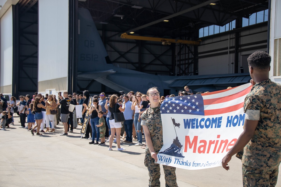 Friends and families of Marine Aerial Refueler Transport Squadron 352, Marine Aircraft Group 11, 3rd Marine Aircraft Wing, gather to welcome their Marines home after a deployment with Combined Joint Task Force-Horn of Africa, on MCAS Miramar, California, Aug. 22, 2022. The deployment was a successful integration of elements of three Fleet Marine Force squadrons to provide critical rapid personnel recovery and medical evacuation capabilities to U.S. and partner forces operating in East Africa. (U.S. Marine Corps photo by Cpl. Sarah Marshall)