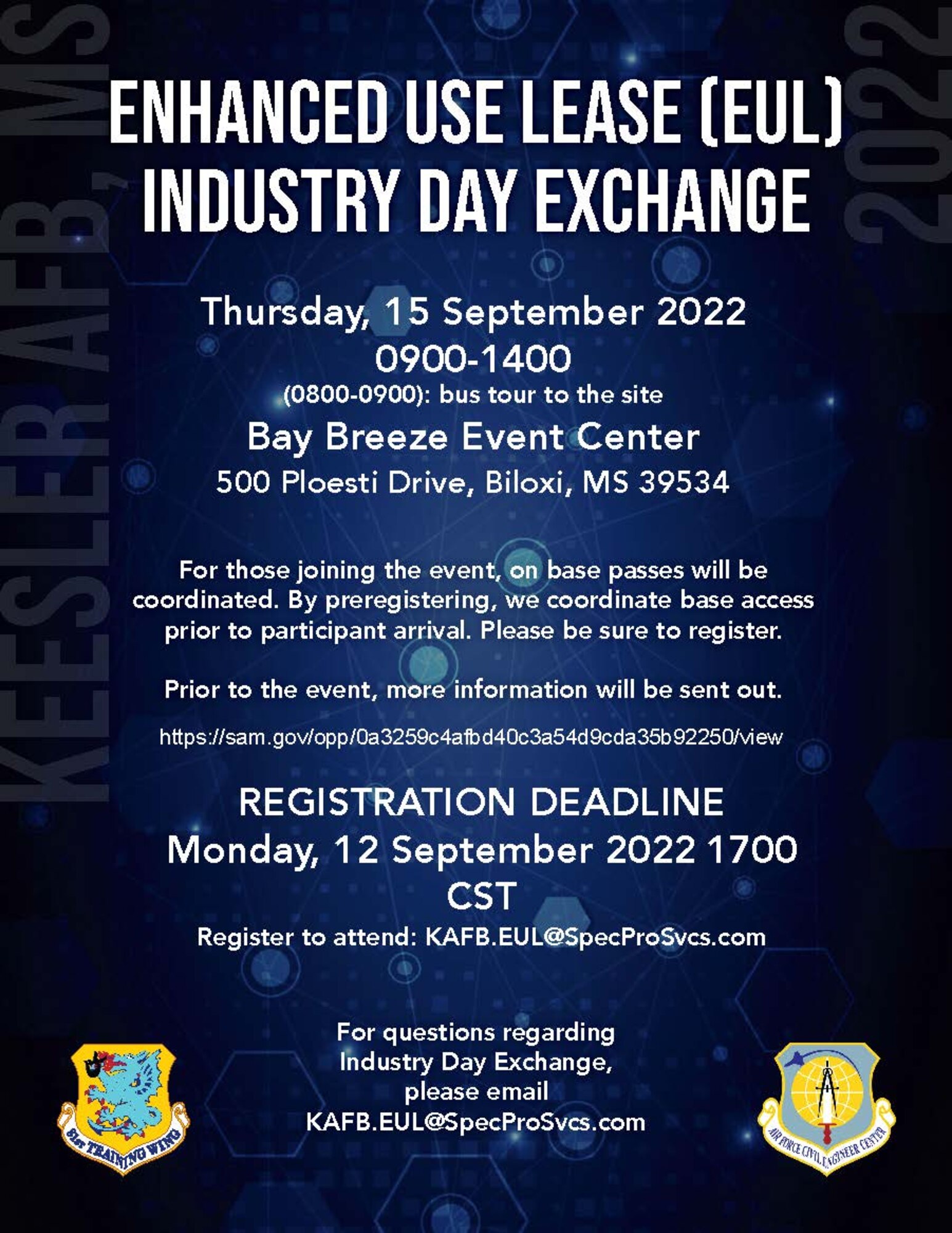 Courtesy graphic advertising the Enhanced Use Lease (EUL) Industry Day Exchange on Sept. 15, 2022 from 9 a.m. to 2 p.m at the Bay Breeze Event Center on Keesler Air Force Base. Pre-registering for the event includes base access coordination prior to participant arrival. Pre-register before Sept. 12, 5 p.m. by emailing KAFB.EUL@SpecProSvcs.com. (Courtesy Graphic)