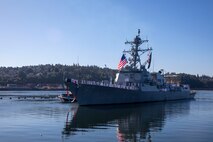 Arleigh Burke-class guided-missile destroyer USS Momsen (DDG 92), assigned to Carrier Strike Group Three, arrives in Naval Station Everett, Washington, Sept. 6, following a seven-month deployment to the U.S. 3rd, 5th and 7th Fleets in support of a free and open Indo-Pacific. (U.S. Navy photo by Mass Communication Specialist 2nd Class Ethan Soto)