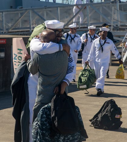 A Sailor assigned to Arleigh Burke-class guided-missile destroyer USS Momsen (DDG 92) reuintes with his family on pier at Naval Station Everett, Washington, Sept. 6. The Momsen, assigned to Carrier Strike Group Three, returned following a seven-month deployment to the U.S. 3rd, 5th and 7th Fleets in support of a free and open Indo-Pacific. (U.S. Navy photo by Mass Communication Specialist 2nd Class Ethan Soto))