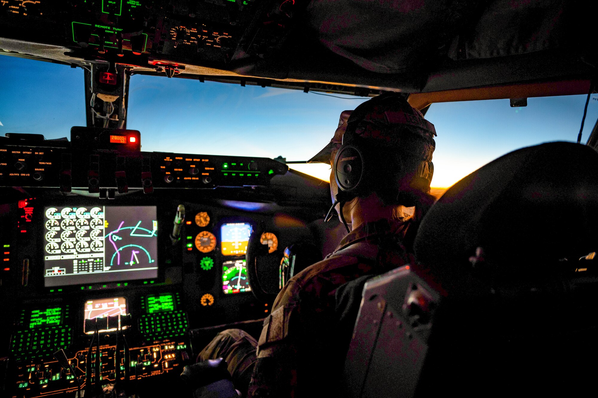 U.S. Air Force 1st Lt. Sydney Lesar, 340th Expeditionary Air Refueling Squadron KC-135 Stratotanker pilot, flies in support of a Bomber Task Force mission within the U.S. Central Command area of responsibility, Sept 4, 2022. BTF Missions demonstrate the U.S.’ commitment to regional security and stability by showing how the U.S. will decisively respond to threats against the U.S., coalition and partner forces. (U.S. Air Force photo by Staff Sgt. Dana Tourtellotte)