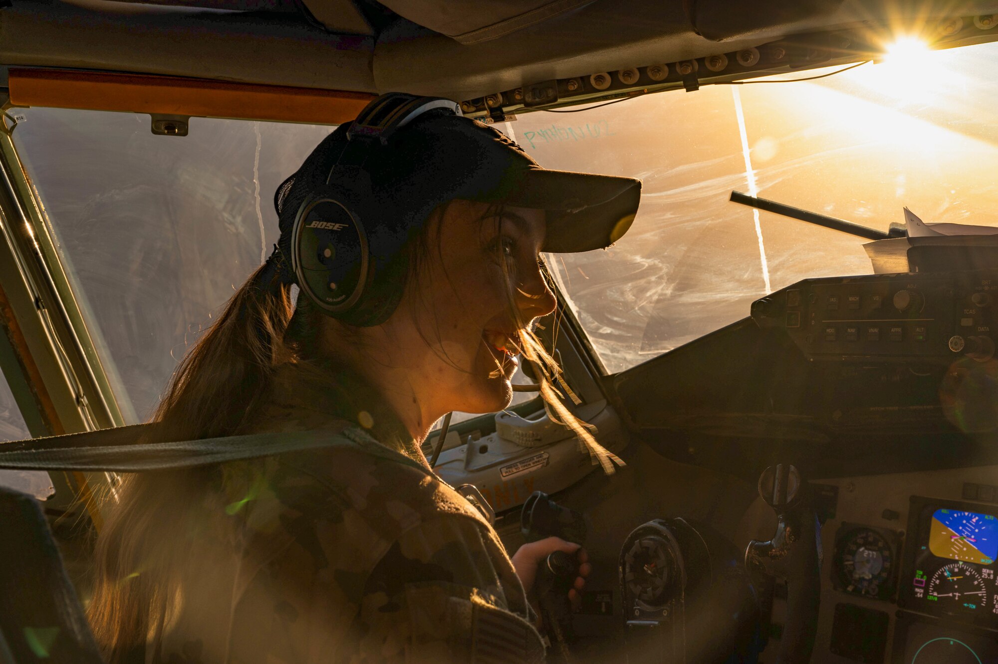 U.S. Air Force Captain Rachael Kelly, 340th Expeditionary Air Refueling Squadron KC-135 Stratotanker pilot flies in support of a Bomber Task Force mission over U.S. Central Command area of responsibility, Sept 4, 2022. BTF Missions demonstrate the U.S.’s commitment to regional security and stability by showing how the U.S. will decisively respond to threats against the U.S., coalition and partner forces. (U.S. Air Force photo by Staff Sgt. Dana Tourtellotte)