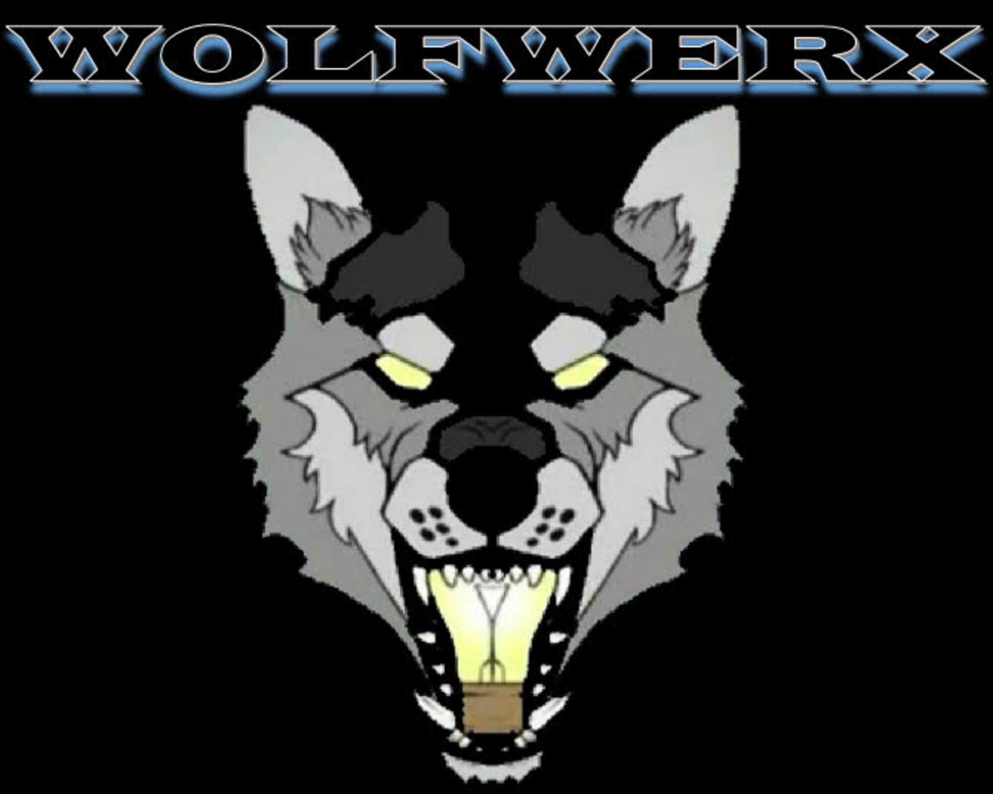 A graphic of a large animated wolf head.