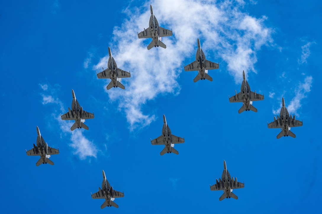 A group of military jets fly in formation.