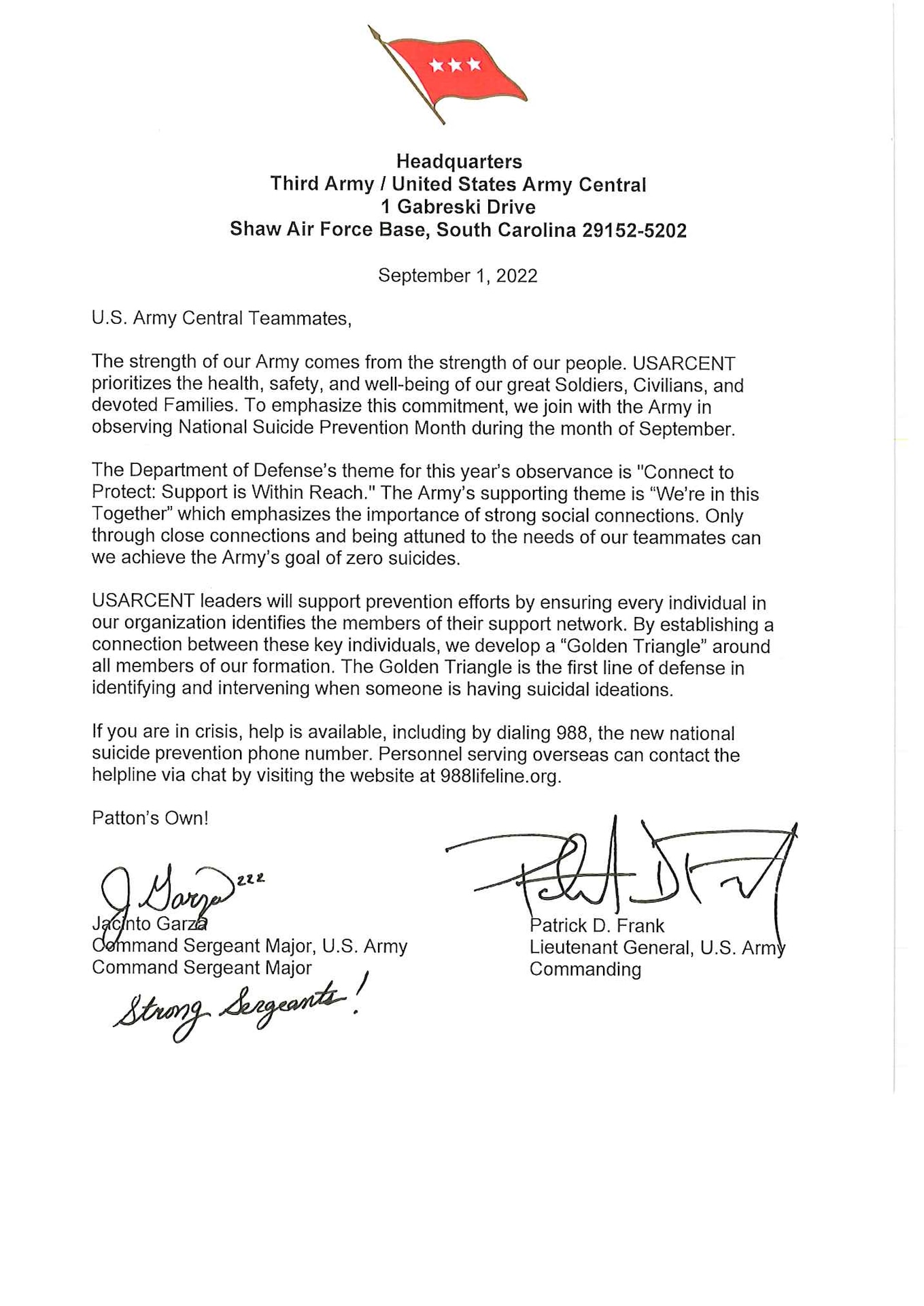 U.S. Army Central Commanding General, LTG Patrick Frank, and U.S. Army Central Command Sergeant Major, CSM J.Garza, recognize National Suicide Prevention Month.